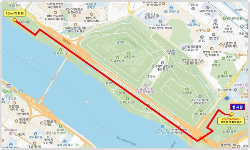 새벽강변 마라톤대회 10km코스안내도