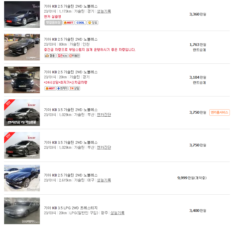 2023년식 K8 중고차 가격