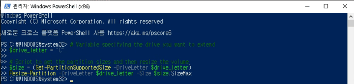  [Powershell] Windows 디스크확장 파워쉘 명령어 Resize-Partition