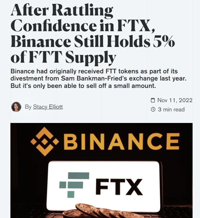 악재 만난 가상화폐...바이낸스 FTX 인수포기 파장 After Rattling Confidence in FTX&#44; Binance Still Holds 5% of FTT Supply