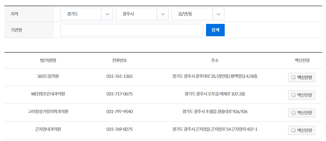 폐렴구균 의료기관 조회결과