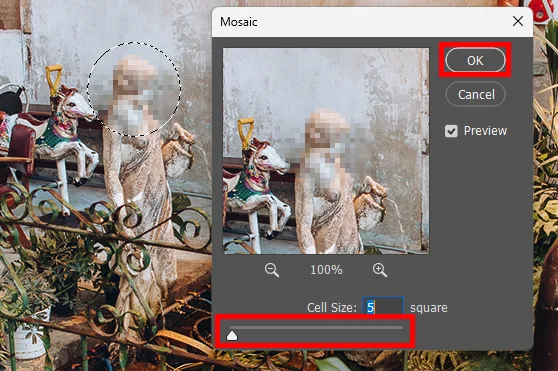 어도비 포토샵 CC에서 모자이크 설정 시 셀 사이즈 설정하는 모습