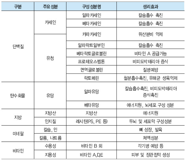 우유의 성분(단백질, 탄수화물, 지방, 미네랄, 비타민)을 주요성분, 구성요소, 생리효과로 구분하여 표로 나타냄