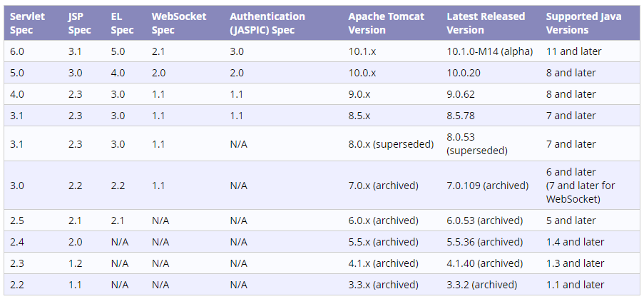 Tomcat Version별 요구 스펙