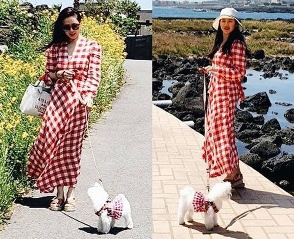 손예진, 반려견과 체크 커플룩으로 제주도 여행 '현빈은 어디에?'