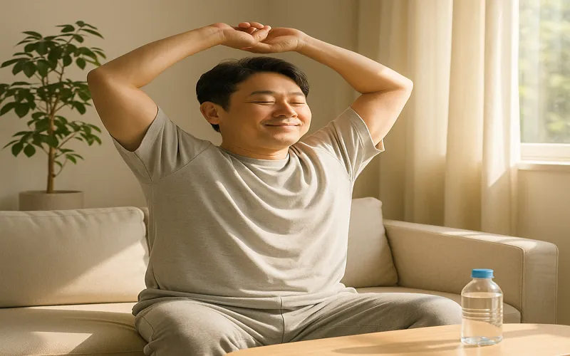 40대 남성이 아침 햇살 아래에서 스트레칭하며 건강한 생활습관을 실천하는 모습