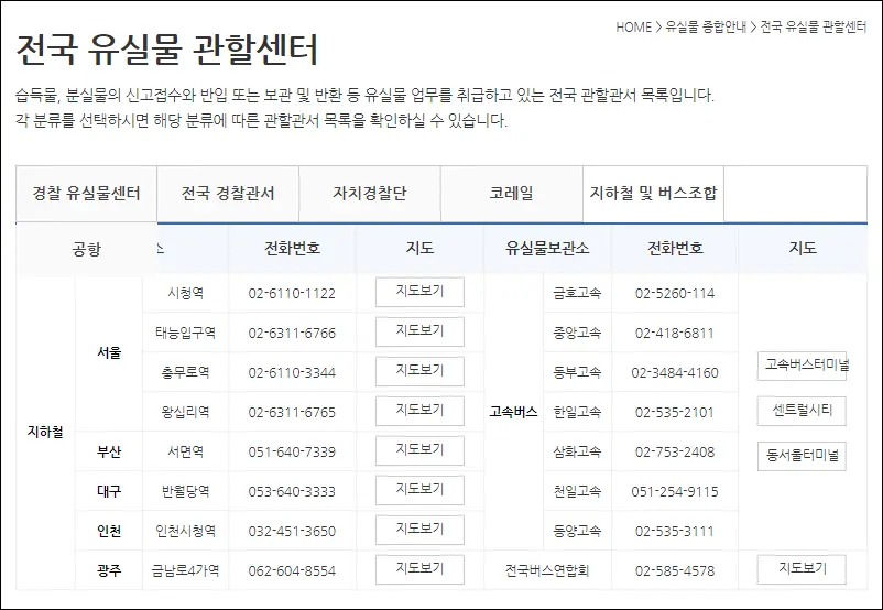 전국 유실물 관할센터