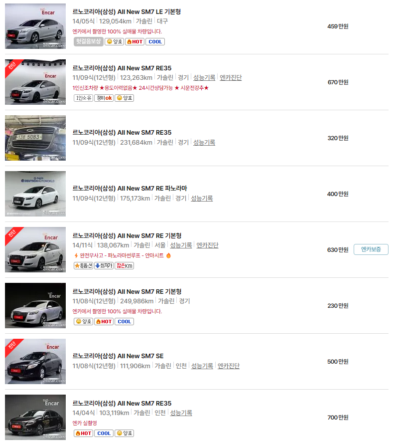 All New SM7(11~14년식) 중고차 가격