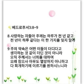 베드로후서 3장 9절 묵상 - 주의 약속은 어떤 이들이 더디다고 생각하는 것 같이 더딘 것이 아니라_26