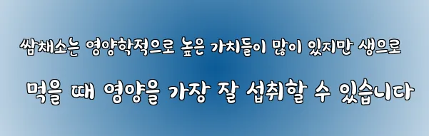  쌈채소는 영양학적으로 높은 가치들이 많이 있지만 생으로 먹을 때 영양을 가장 잘 섭취할 수 있습니다