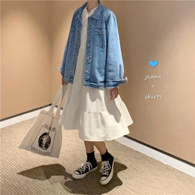 복고풍 데님 자켓 레이스 원피스 코디 세트