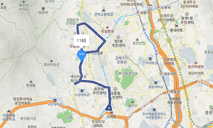  [서울]1165번 버스 노선 정보 : 수유동, 강북구청, 미아사거리역, 화계사