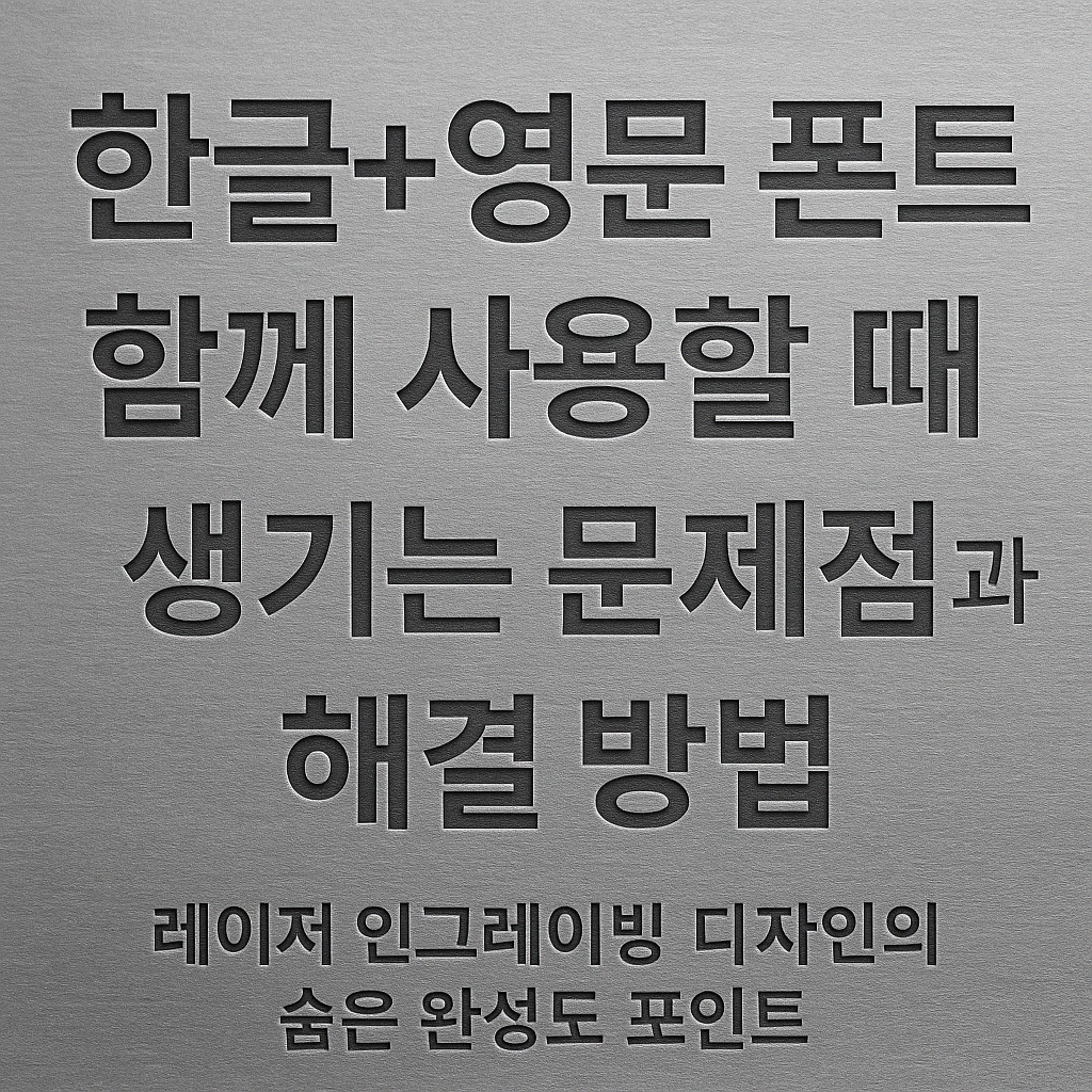레이저 인그레이빙 디자인에서 한글과 영문 폰트를 함께 사용할 때 생기는 문제점과 해결 방법을 설명하는 썸네일 이미지. 메탈 질감의 배경 위에 고딕체로 “한글+영문 폰트 함께 사용할 때 생기는 문제점과 해결 방법”이라는 문구가 중심에 배치되어 있으며, 하단에는 “레이저 인그레이빙 디자인의 숨은 완성도 포인트”라는 부제가 들어가 있다.