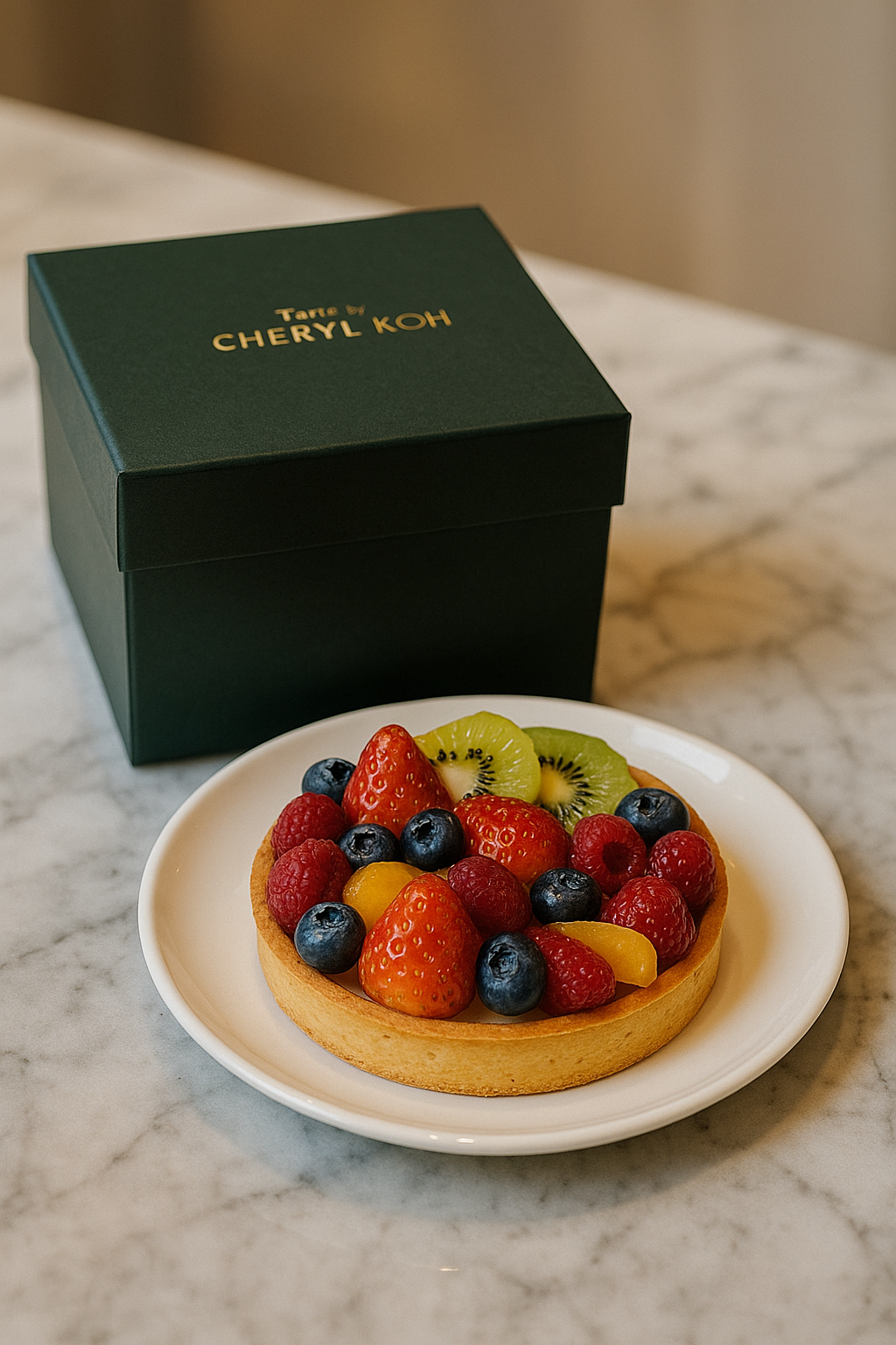 Tarte by Cheryl Koh 정교하게 데코된 과일 타르트 + 고급스러운 포장박스가 함께 있는 모습