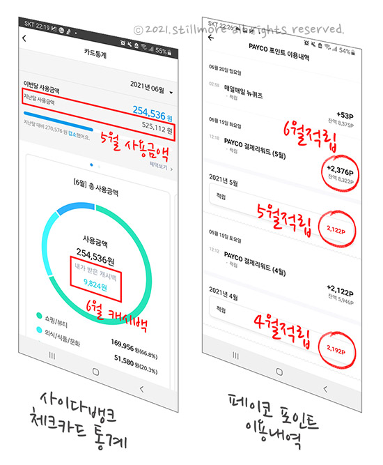 사이다체크캐시백과 페이코포인트적립금 확인 페이지