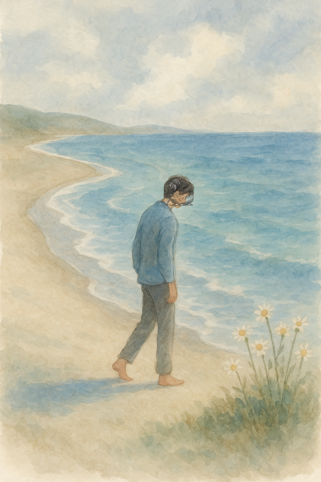물가를 따라 홀로 걷는 젊은 남성이 그려진 수채화 그림. 남성은 맨발로 모래사장을 걷고 있으며, 고요한 바다와 잔잔한 파도가 배경을 이루고 있다. 하늘은 부드러운 구름으로 채워져 있고, 전경에는 흰 들꽃 몇 송이가 바람에 흔들리듯 그려져 있다. 전체적으로 파스텔 톤의 색감과 수채화 특유의 번짐이 어우러져, 쓸쓸하면서도 평온한 분위기를 자아낸다.