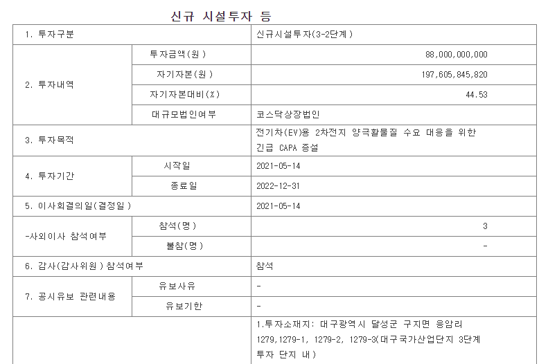 엘앤에프신규시설투자공시