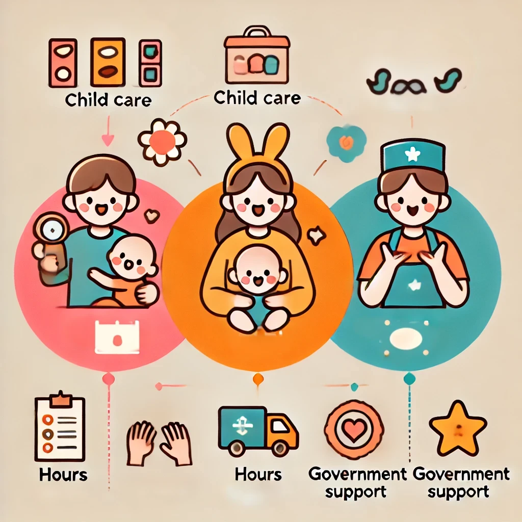 &quot;Friendly infographic showing three types of child care services: 시간제, 종일제, 긴급 돌봄. Each section has a playful illustration of a caregiver with children, symbols for hours, and a government support badge for each option.&quot;