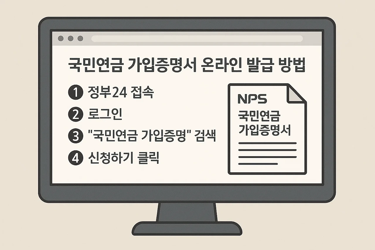 국민연금 가입증명서 온라인 발급 방법을 보여주는 컴퓨터 화면과 디지털 문서 이미지