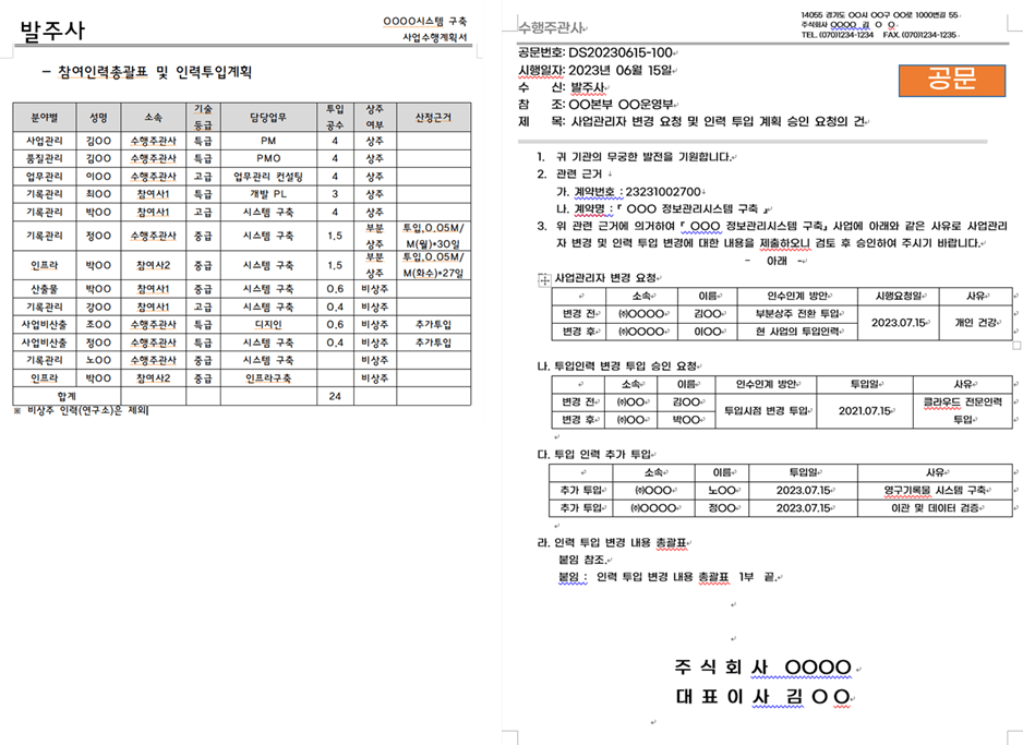 인력투입계획 및 변경공문