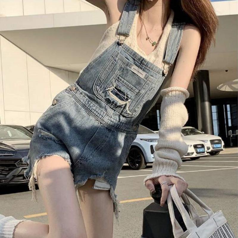 여성 데님 멜빵 반바지 점프슈트 휴가 여행룩