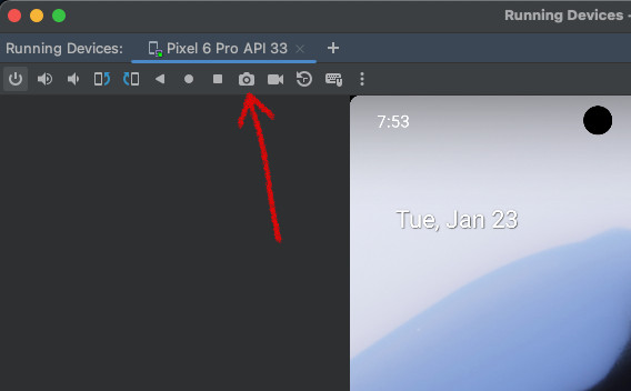 안드로이드 스튜디오 Running Devices 창 상단 스크린샷 메뉴
