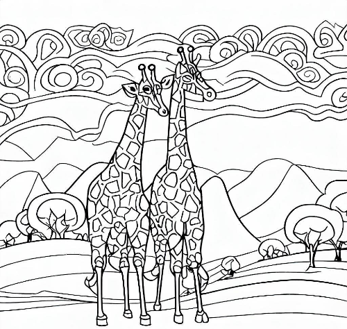 들판에 다정하게 서 있는 두 마리의 기린 색칠 도안