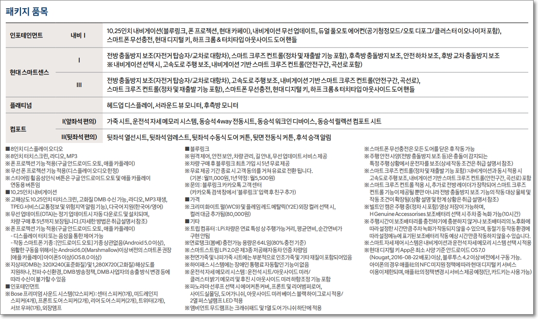 쏘나타 DN8 2.0 LPi 모델 옵션표 및 옵션 별 특이사항을 정리한 사진
