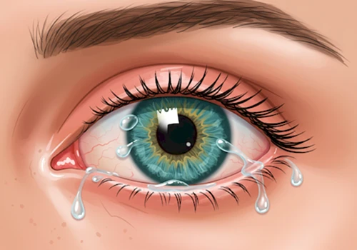  눈이 깜빡이며 눈물막이 형성되어 눈을 촉촉하고 보호하는 과정을 보여주는 카툰 일러스트레이션.