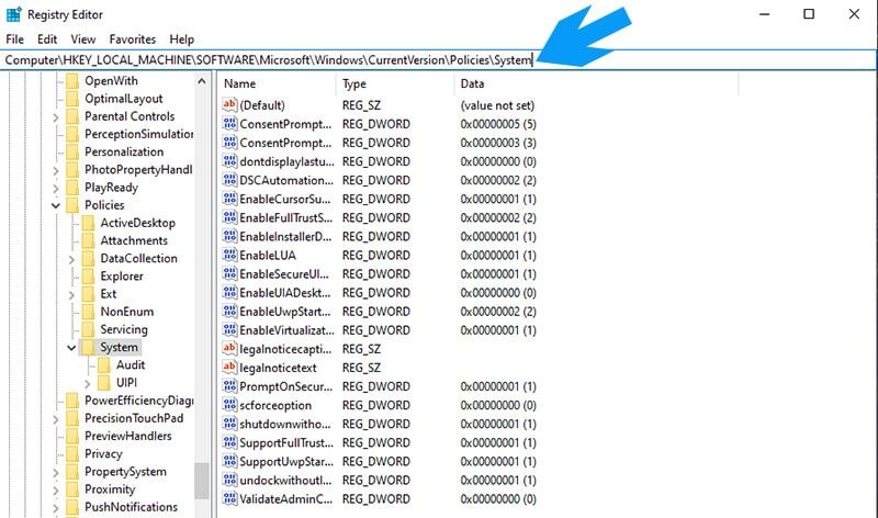 윈도우 레지스트리 메뉴의 시스템 세팅