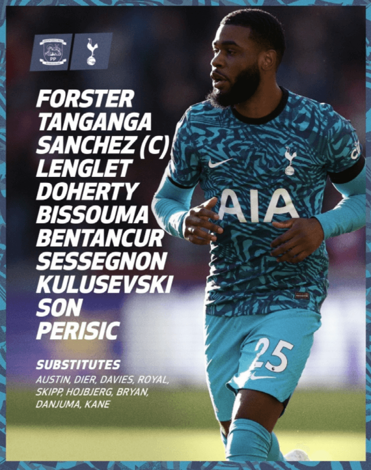 토트넘 홋스퍼 VS 프레스턴 FA컵 32강 선발명단(출처: 토트넘 인스타)