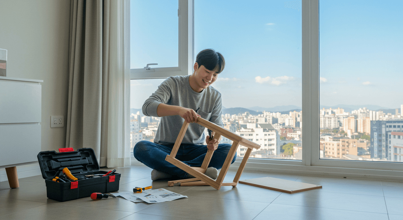 혼자서 DIY 가구 조립하는 사진