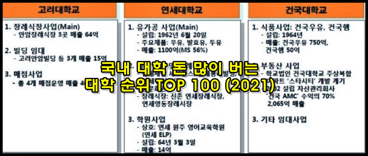  국내 대학 돈 많이 버는 대학 순위 TOP 100 (2021)