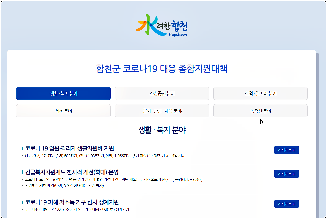 합천군 코로나19 대응 종합지원대책