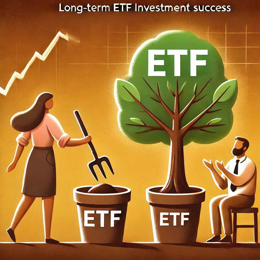 장기적 ETF 투자 성공: ETF 나무를 심고 키우며 장기적인 수익을 기대하는 사람.