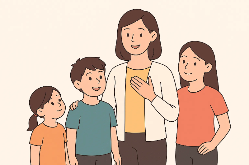 아이돌보미 자격증이 필요한 사람을 묘사한 여성과 아이들 일러스트