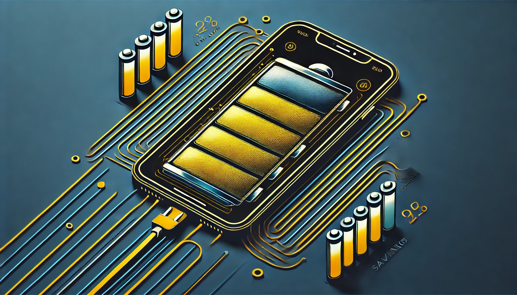 DALL·E 2025-03-29 22.57.00 - iPhone battery saving tips _ abstract style _ mid-shot composition _ navy and yellow _ modern and conceptual mood _ abstract battery icon, energy flow.webp
