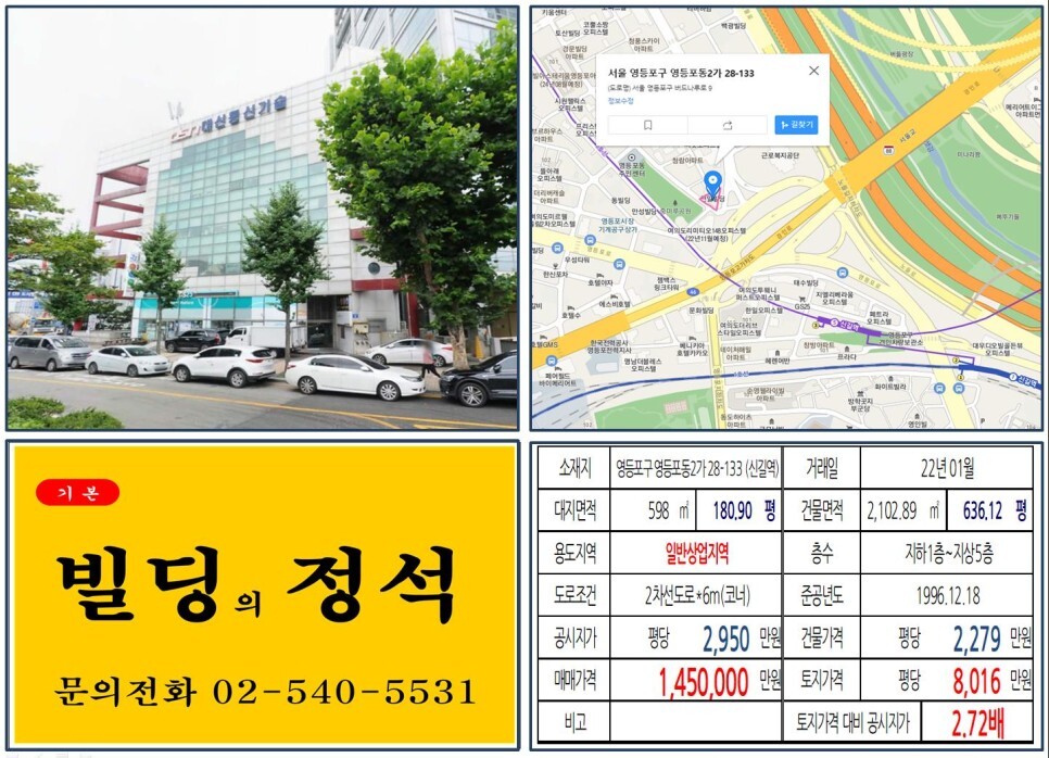 [영등포구 일반상업지역 100억 오피스 빌딩 실거래가 조회] 영등포동2가 28-133 (신길역) 145억 원, 평당 8,016만 원 매매되었습니다.