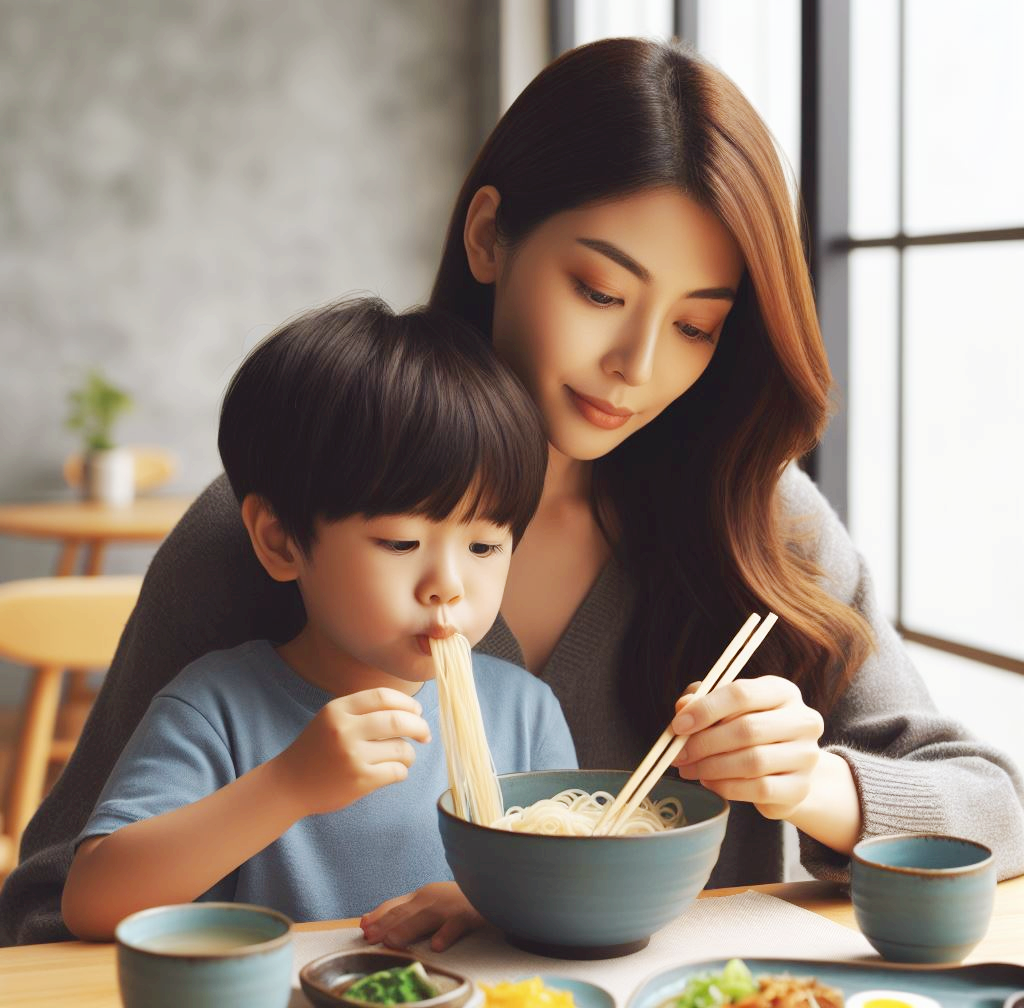 모던한 식당에서 엄마와 아들이 국수를 먹고 있는 모습입니다. 밀가루로 만든 국수로 멸치로 만든 국물이 아주 맛있어 보입니다.