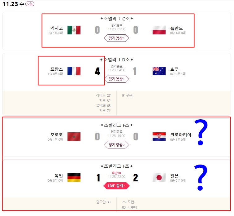 2022카타르월드컵-11월23일-리그결과