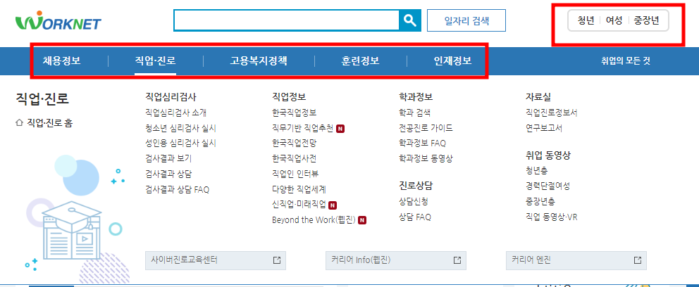 워크넷(고용노동부&#44; worknet) 구인구직 홈페이지 메인화면