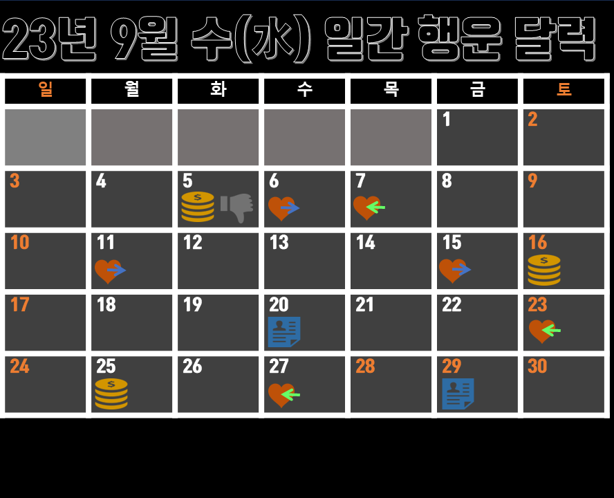 23년 9월 신유월 수일간 운세달력