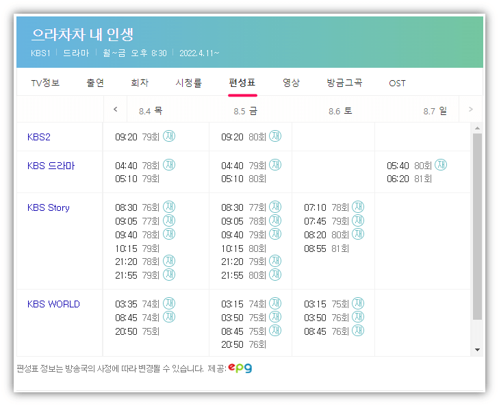 으라차차 내 인생 드라마 KBS 채널 재방송 편성표