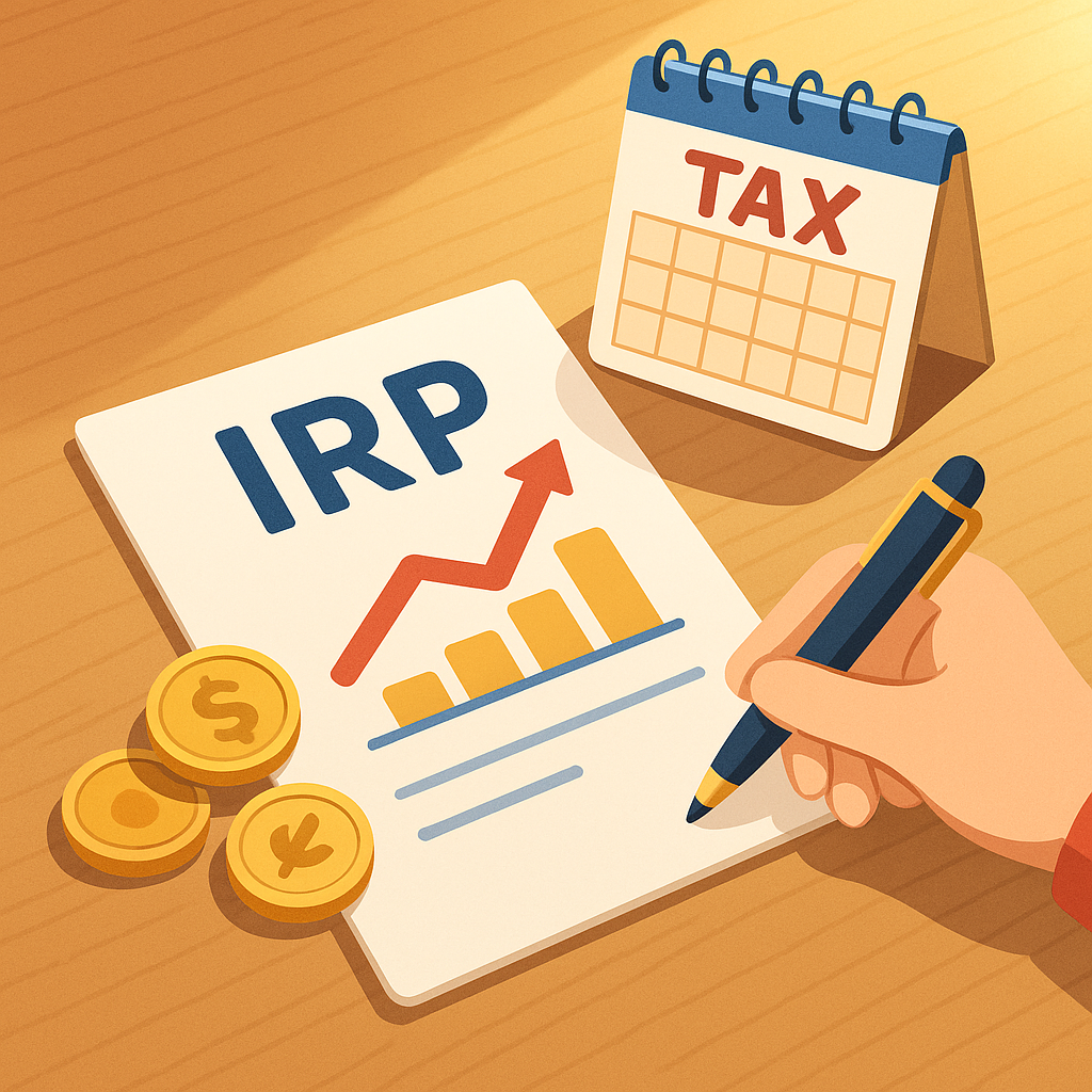 IRP 세액공제 서류와 TAX 달력이 테이블 위에 놓여 있고, 동전과 상승 화살표, 펜이 함께 배치된 2D 일러스트 본문 이미지