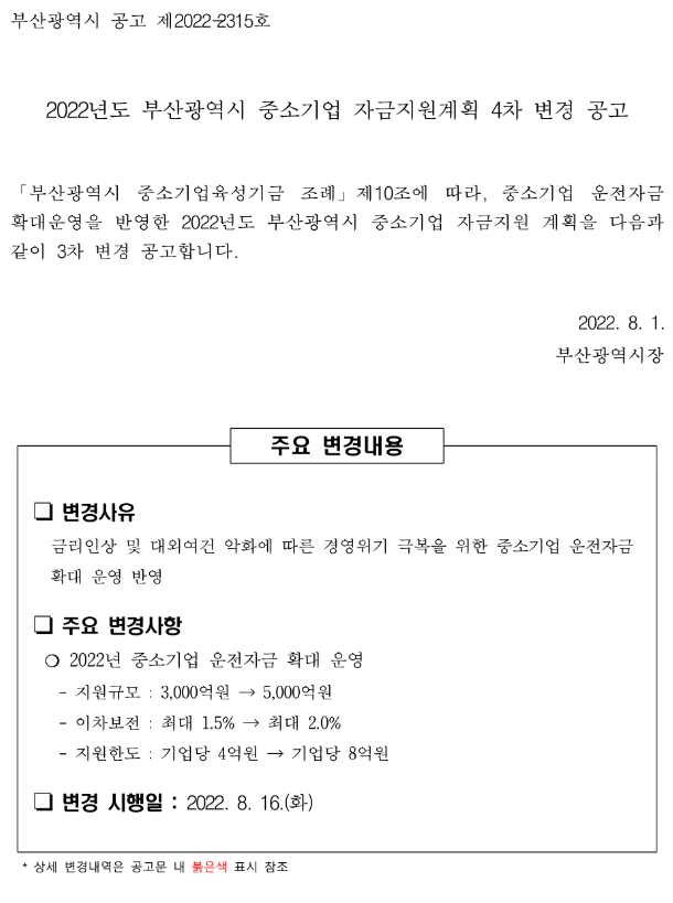  [부산] 2022년 4차 중소기업 자금지원계획 변경 공고
