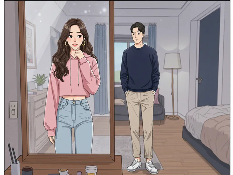 거울을 보며 소시오패스 성향을 고민하는 여성과 걱정하는 남성.