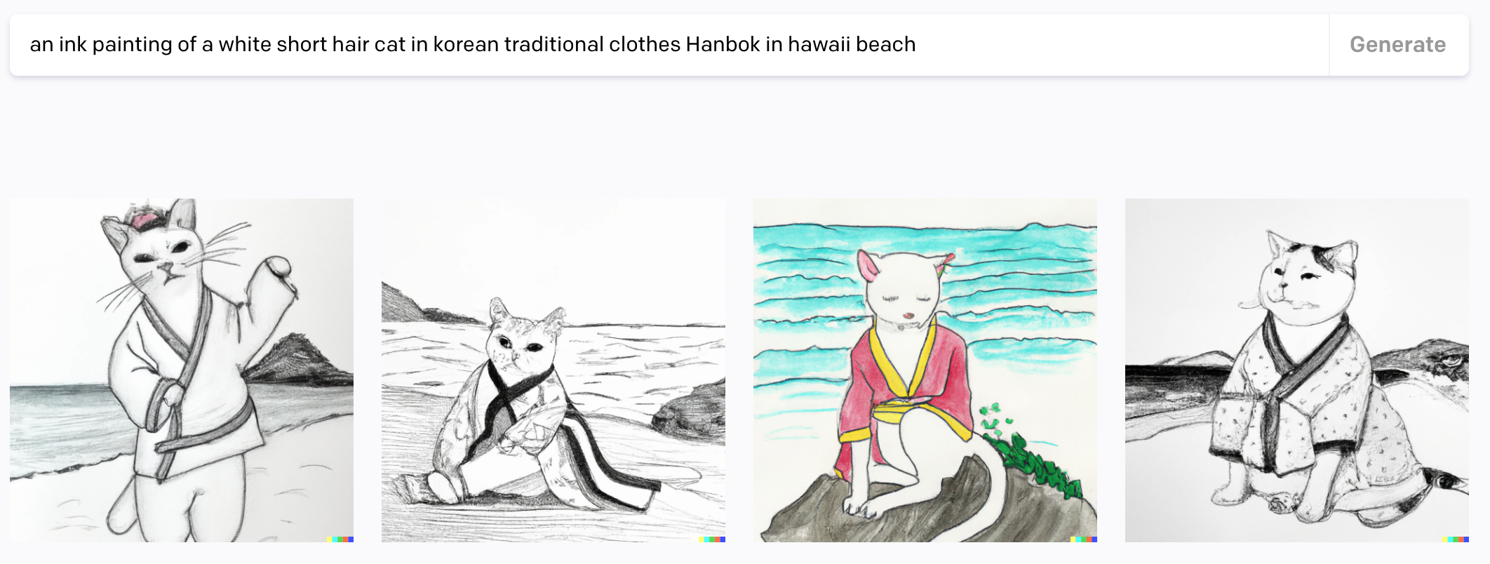 an-ink-painting-of-a-white-short-hair-cat-in-korean-traditional-clothes-Hanbok-in-hawaii-beach