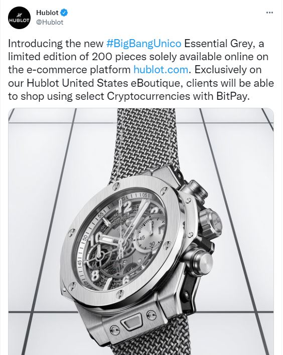  명품시계 위블로(Hublot) 암호화폐 결제 지원되는 한정판 시계 출시