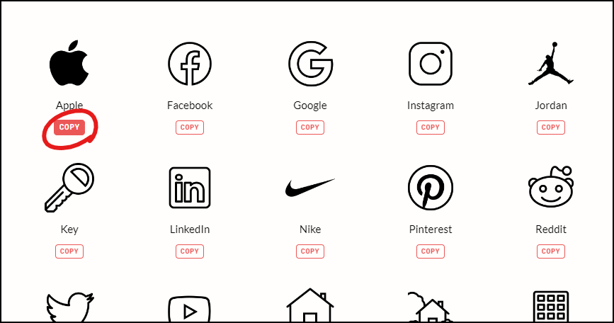 Notion Icons 에서 애플 아이콘을 복사하는 모습