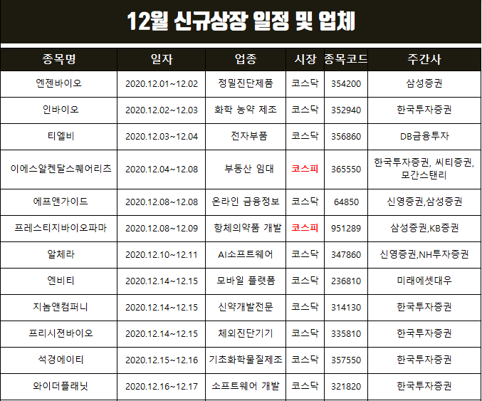  12월 공모주 청약일정 정리(엔젠바이오,지놈앤컴퍼니,엔비티,석경에이티  등)